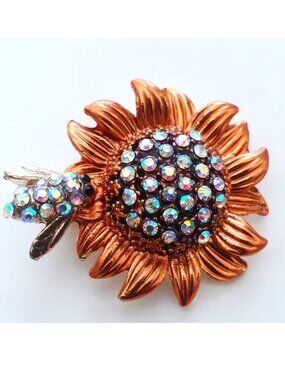 Sunflower & Bee Brooch Rhinestone Pin Stylish Sparkle Glam Flower Bumble Copper